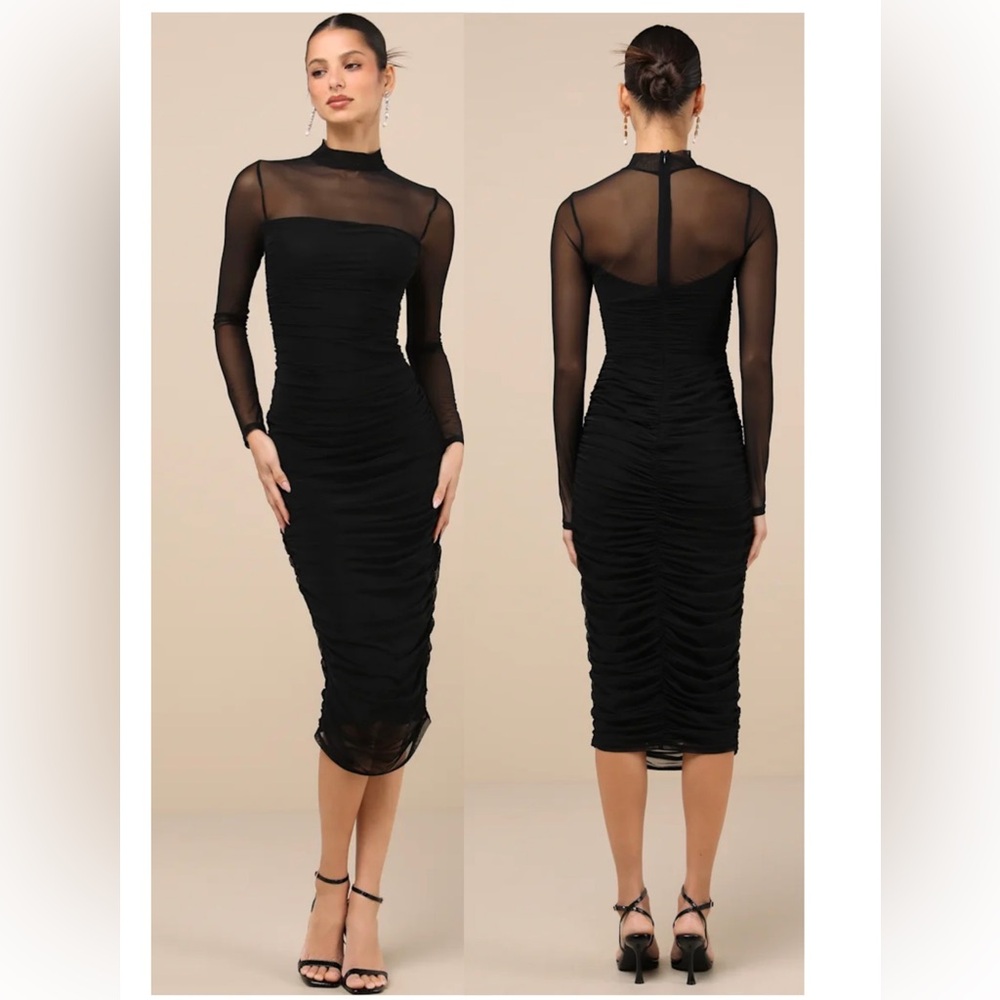 Black Ruched Mesh Sleeve Midi Dress